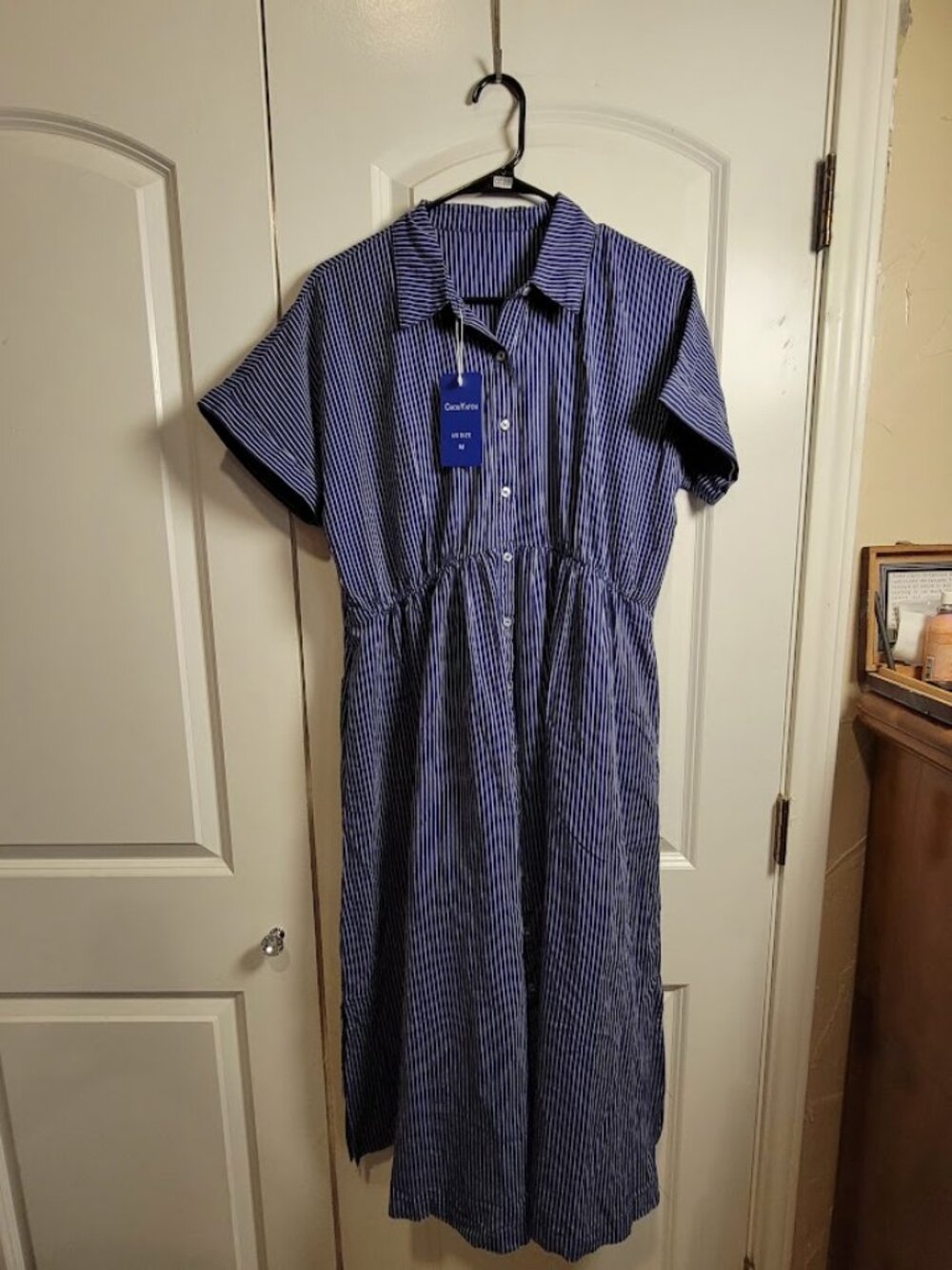 Women’s Blue White Pinstripe Button Front Shirt Dress Size Medium NWT